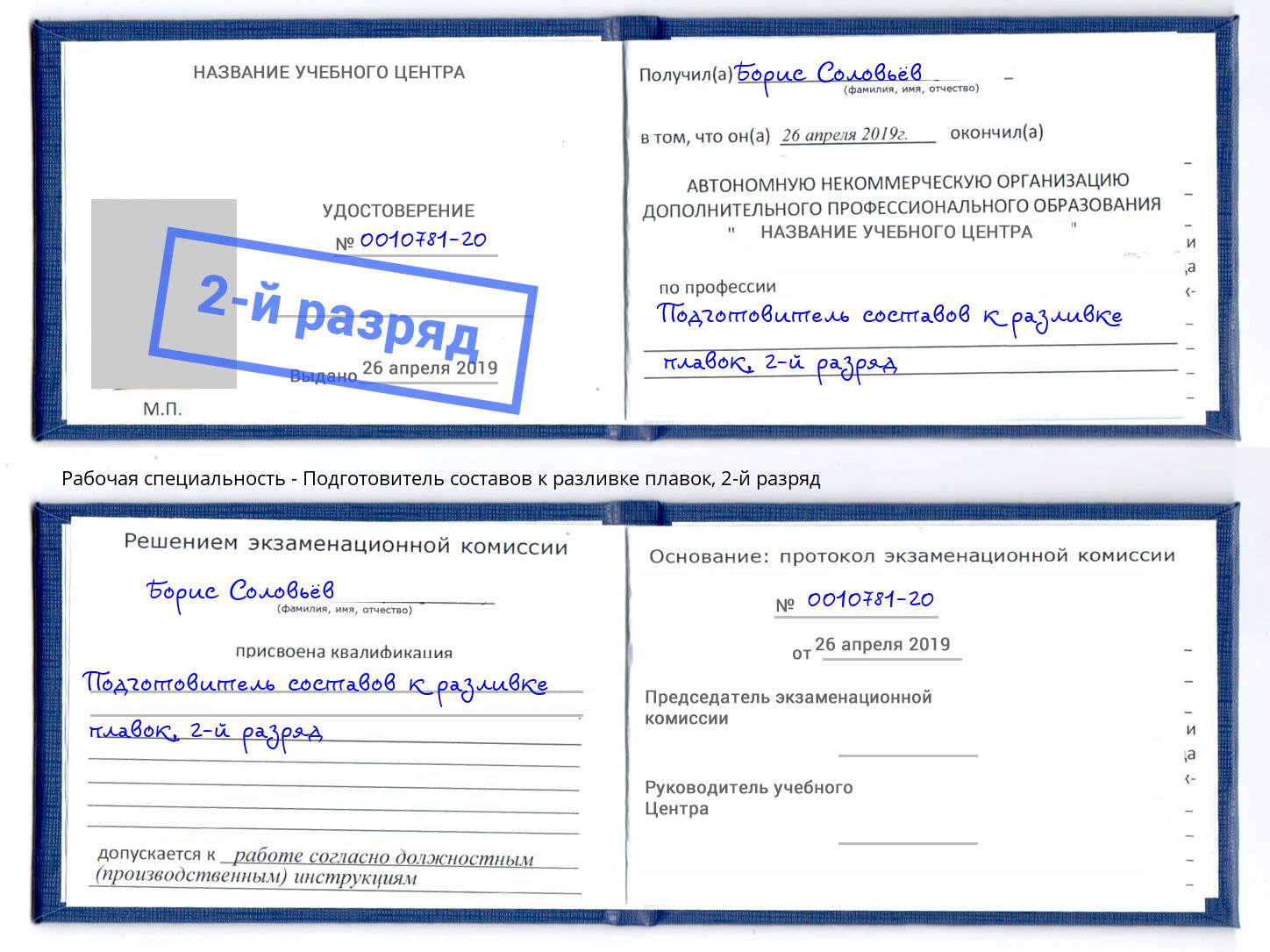корочка 2-й разряд Подготовитель составов к разливке плавок Ижевск