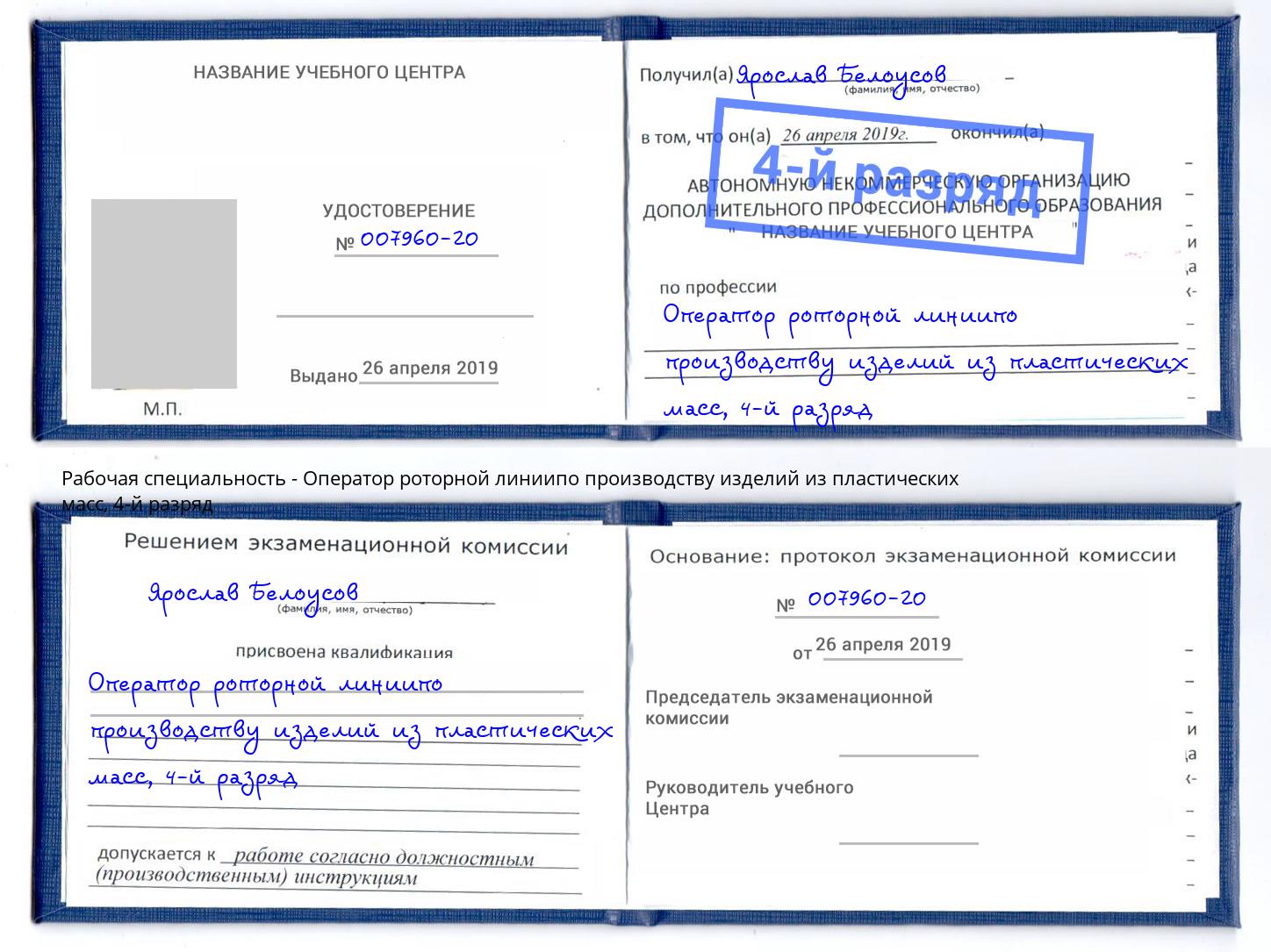 корочка 4-й разряд Оператор роторной линиипо производству изделий из пластических масс Ижевск