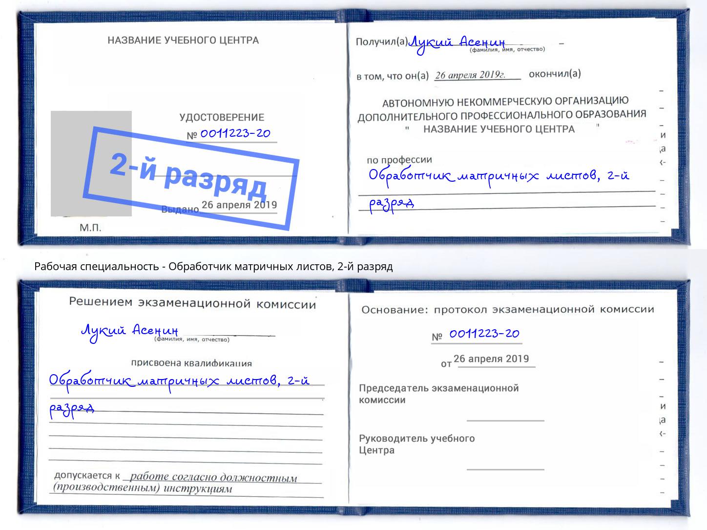 корочка 2-й разряд Обработчик матричных листов Ижевск